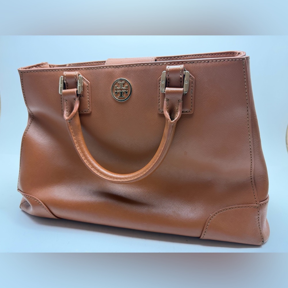 Tory Burch Tan Leather Satchel with Logo Medallion